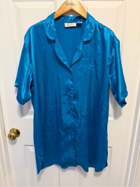 Vintage Victoria's Secret Blue Satin Button-Up Sleep Shirt